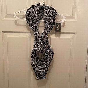 NWT Frederick's of Hollywood Montauk Tie Up One Piece Swimsuit Black White XS